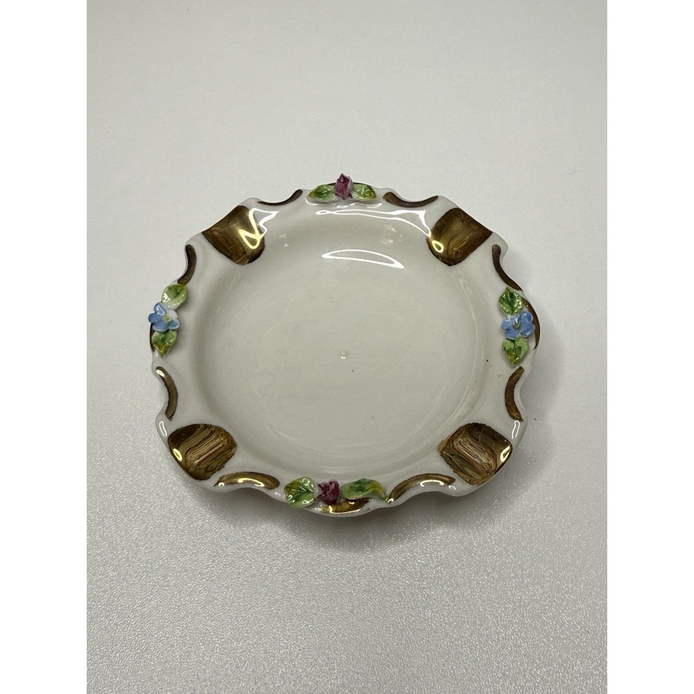 Vintage Dresden Floral Porcelain Ashtray Trinket‎ Dish Gold Trim 3x3"